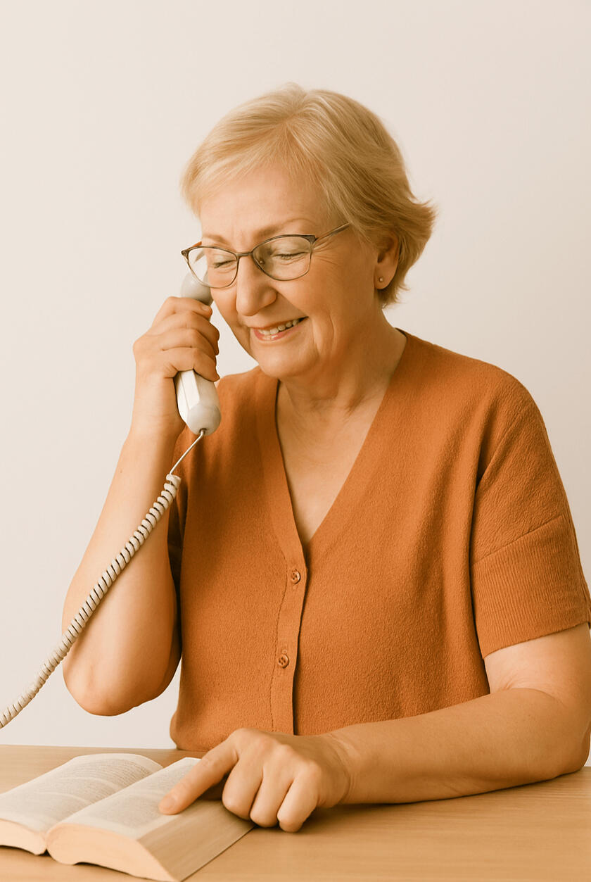 Mujer mayor hablando por teléfono mientras lee la Biblia